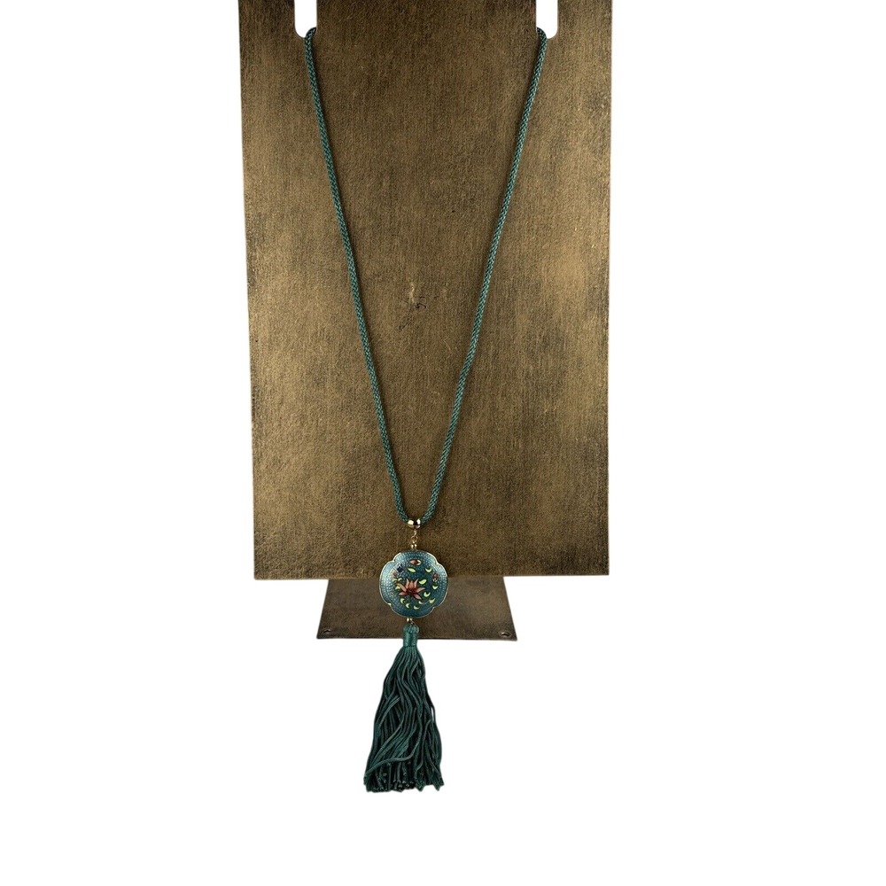 Vintage Womens Cloisonne Lotus Flower Medallion Tassel Necklace Jade Green
